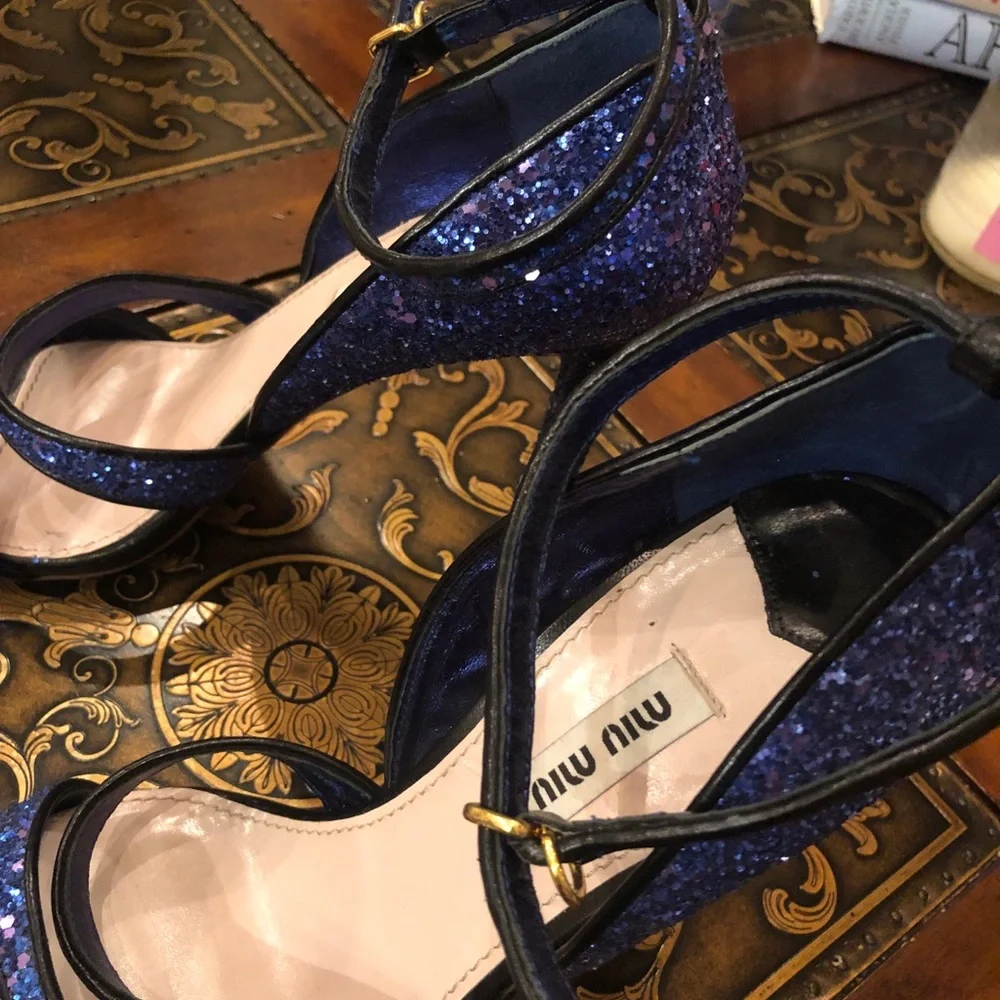 Virtually new Miu Miu strappy sandals in glittered blue